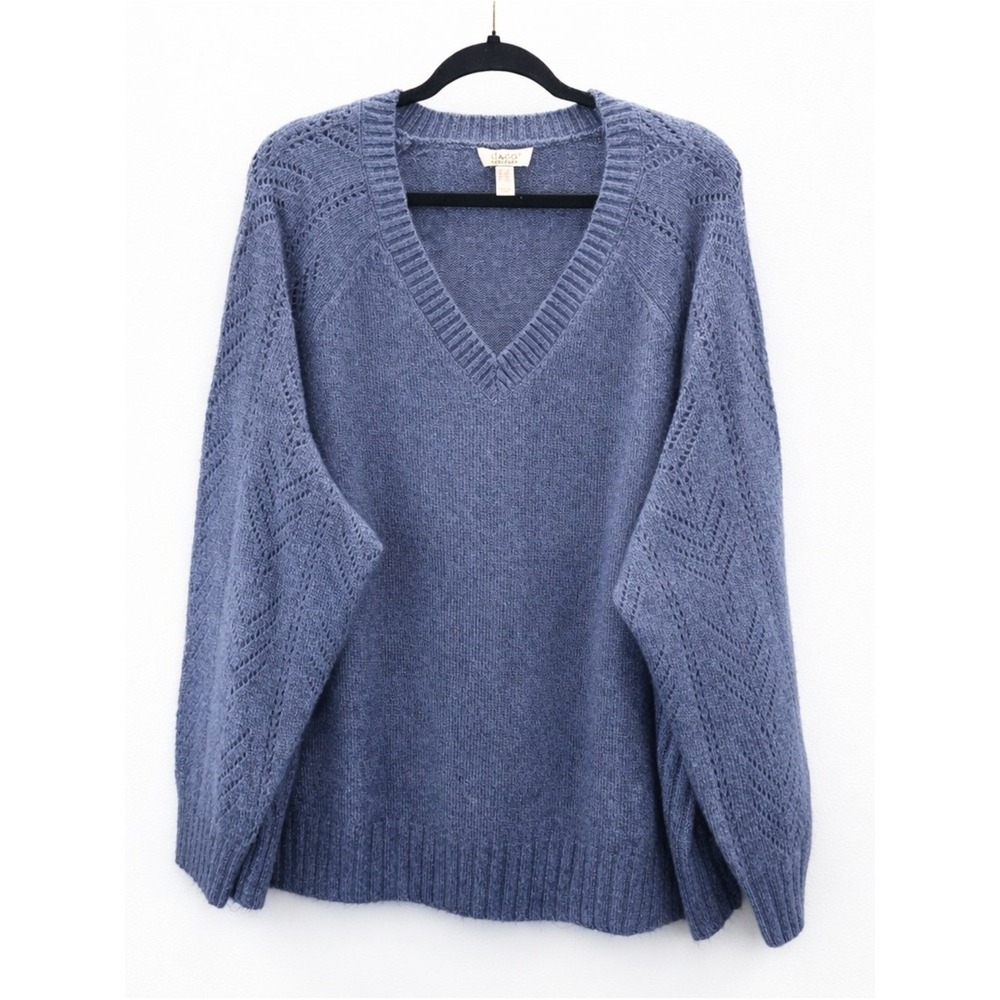 Denim & Co Heritage Blue Pointelle V-Neck Sweater Soft Cozy 2X Eyelet Knit